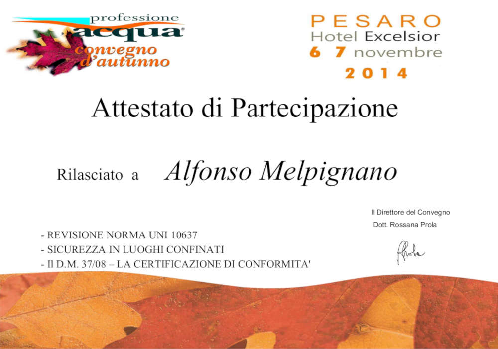 Convegno d'inverno - Professione Acqua - Attestato di Partecipazione - 7 novembre 2014 - Laqua sas